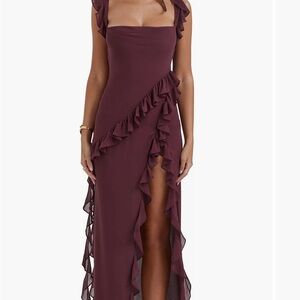 House of CB Plum Asymmetrical Ruffle Dress